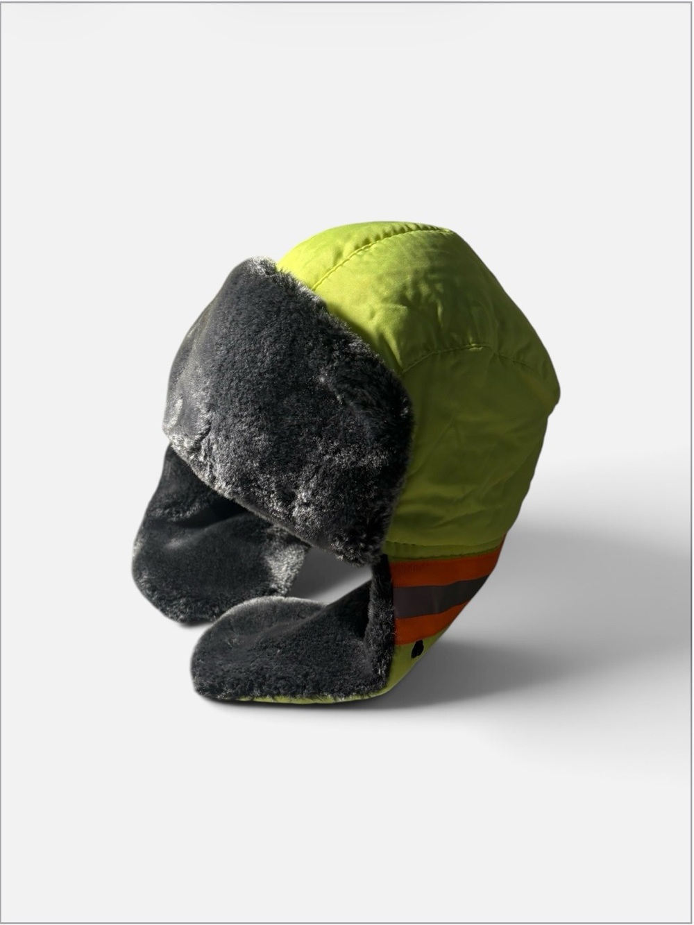 Kids High-Visibility Winter Trapper Hat - Lime Green with Gray Fur
